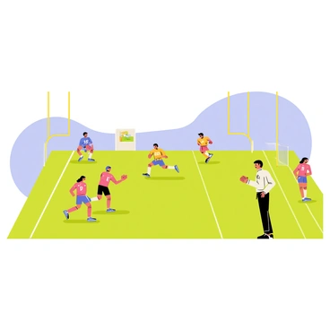 A high school football team practicing on a bright green field under a clear blue sky. The scene captures several players in action, wearing bright-colored jerseys and helmets, running and passing the football. A coach on the sidelines is shouting instructions, while a group of players huddles together, discussing plays. Nearby, a set of goalposts stands tall at one end of the field, completing the lively atmosphere of the practice session.