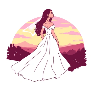 A bride wearing a flowing white gown stands on a hilltop during sunset. The dress billows gently in the breeze, creating a soft, ethereal effect. Her long hair cascades down her back, illuminated by the warm glow of the setting sun. In the background, the sky is painted in a gradient of colors as the sun dips below the horizon. The bride’s expression is one of tranquility as she gazes into the distance.