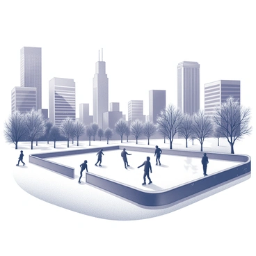 A snowy winter scene in Chicago featuring an outdoor ice skating rink. The rink is filled with multiple skaters in motion, showcasing a variety of poses and interactions. Surrounding the rink are tall buildings typical of the Chicago skyline, some with architectural detailing. The ground is covered in a thick blanket of snow, with gentle snowflakes falling from the sky. There are trees nearby, their branches dusted with snow. In the background, the city is bustling with activity, reflected in the excitement of the skaters. 