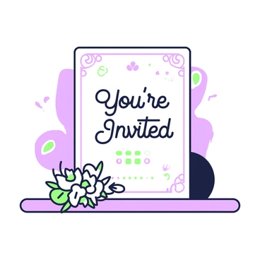 A flat invitation card is placed on a clean surface. It features a background composed of abstract shapes in soft blush tones, blending seamlessly into one another. The card displays elegant typography at the center, with the words "You're Invited" written in a stylish font. Surrounding the text, there are delicate, swirling designs and decorative borders that enhance the overall composition of the invitation. A small bouquet of flowers is arranged in the bottom corner, adding a finishing touch to the design.