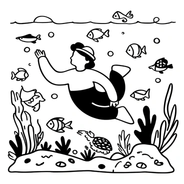 A cartoon character resembling "Vadivelu" swimming in an underwater world. Surrounding him are various colorful fish swimming in schools, with some fish forming intricate shapes. Coral reefs are visible in the background, adorned with detailed patterns and textures. Bubbles rise around the character as he interacts with his vibrant surroundings. A playful sea turtle glides nearby, curiously observing the scene. Various underwater plants sway gently with the current.