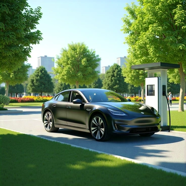 An electric car in a vibrant city park, parked at a charging station. The car features a sleek, modern design with a glossy finish, reflecting the surroundings. The charging cable is plugged into the car, connecting it to the charging station, which has a digital display. In the background, there are lush green trees and colorful flower beds, while people can be seen walking and enjoying the park. A clear blue sky adds to the atmosphere, with the sun casting gentle shadows on the grass.
