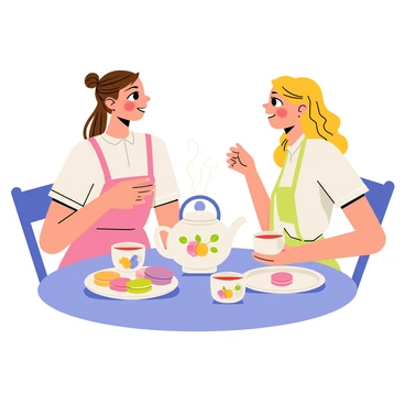 A mother and daughter are sitting at a small wooden table, enjoying a tea party. The mother has long brown hair tied back in a neat bun, while the daughter has curly blonde hair. They are smiling at each other, dressed in matching pastel-colored dresses. On the table, there is a delicate white porcelain tea set with floral patterns. A teapot pours steaming tea into two small cups. Surrounding the teapot, there are dainty snacks, including finger sandwiches, mini pastries, and colorful macarons arranged on a decorative plate. The setting has a bright and cheerful atmosphere, with a light blue tablecloth beneath the tea set.