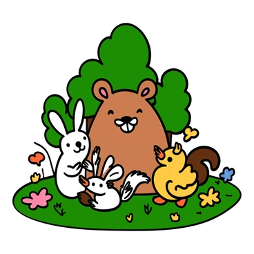 A playful capybara with a light brown fur coat is sitting on the grass in a sunny park. The capybara has a cheerful expression and its ears perked up. Surrounding the capybara are a group of adorable animal friends, including a small fluffy bunny with white fur and long ears, a curious little squirrel with a bushy tail, and a bright yellow duckling with big eyes. The park has green trees in the background and colorful flowers scattered around, creating a lively atmosphere filled with joyful interactions among the animals.