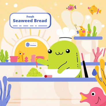 A blobfish wearing a small white chef's hat is baking seaweed bread inside a cozy underwater bakery. The bakery is adorned with colorful coral decorations and soft glowing bubbles that float around. A large shell-shaped oven is in the background, with warm light emanating from it. The blobfish is mixing green seaweed dough in a big bowl, surrounded by various baking tools, including a rolling pin and seaweed sprinkles. A sign above the counter reads "Fresh Seaweed Bread." Brightly colored fish and other sea creatures peek in through the bakery windows, watching the baking process with curiosity.