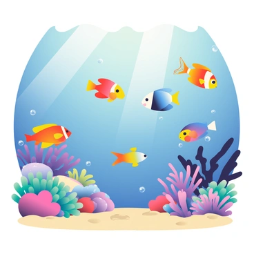 A variety of colorful fish are swimming in a vibrant underwater scene among coral reefs. The fish display bright hues of orange, blue, yellow, and red as they navigate through the intricate structures of the coral. The reef is teeming with life, showcasing different species of corals in shades of purple, pink, and green. Sunlight beams penetrate the water, creating patterns on the sand below, while small bubbles rise to the surface. The scene captures the lively dynamics of marine life in the Red Sea off the coast of Jordan.