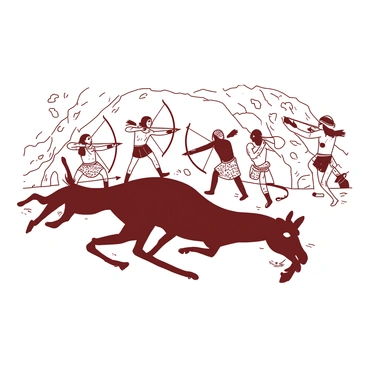 An ancient cave painting depicting hunters using bows and arrows