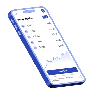A mobile app interface is displayed on a smartphone screen, showcasing Forex trading options and rates. The interface includes a list of currency pairs, each with corresponding bid and ask prices prominently shown. There are buttons for buying and selling placed clearly at the bottom of the screen. A line chart is visible, depicting the fluctuations of one of the currency pairs over time. In the top corner, there is a notification icon indicating alerts for price changes. Additionally, the app features a section for market news with small headlines related to Forex movements.