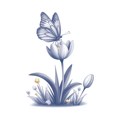 A butterfly with intricate patterns on its wings is resting gently atop a crocus flower. The flower has vivid petals with a distinct shape, emerging from lush green leaves. Surrounding the flower are additional plants and flowers, creating a lively garden atmosphere. The scene captures the delicate beauty of nature, with the butterfly positioned prominently on the crocus.