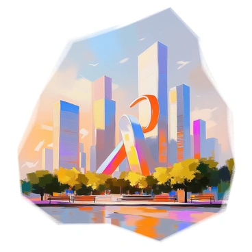 A city skyline featuring tall buildings that are uniquely shaped like various mathematical symbols. Prominent structures include a large “π” symbol standing majestically, a tall “∞” symbol elegantly arching towards the sky, and several “√” symbols scattered throughout the skyline. The buildings are made of glass and steel, reflecting the light of the setting sun. In the foreground, there is a park with trees and benches, adding a touch of greenery to the urban scene. The sky is painted in hues of orange and purple as day transitions into night.