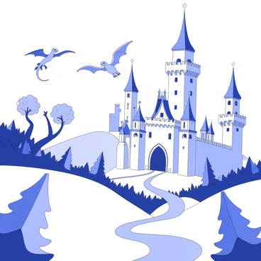 A digital fantasy world is depicted with tall, intricate castles featuring soaring towers and ornate battlements. Nearby, a dragon is flying above the castles, its wings spread wide and its fierce expression visible. The landscape is filled with expansive, mystical forests that have tall trees with twisted branches and leaves shaped like stars. In the foreground, there are rolling hills leading to the castles, and a winding river can be seen flowing through the forest, reflecting the grandeur of the scene.