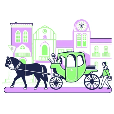 A black horse-drawn carriage is trotting through a historic town square. The carriage features elegant details, with intricate carvings along its sides and a glossy finish. A majestic black horse pulls the carriage, adorned with a bridle and harness. Surrounding the square are beautiful old buildings with archways and balconies, showcasing quaint architecture. Cobblestones line the ground of the square, and sunlight casts shadows from the horse and carriage. A few people stroll nearby, observing the scene, while a large clock tower stands in the background, marking the time.