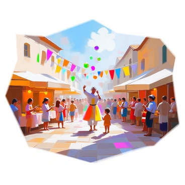 A lively medieval festival is taking place in a bustling town square. Colorful banners are strung between the buildings, fluttering in the breeze. In the center of the square, a juggler is skillfully tossing brightly colored balls into the air, drawing the attention of a delighted crowd. Nearby, a group of musicians is playing traditional instruments, including a lute and a flute, setting a joyful atmosphere. Children are laughing and running around, while vendors offer various goods at their stalls, showcasing colorful textiles and delicious food. The sun is shining brightly, illuminating the festive scene.
