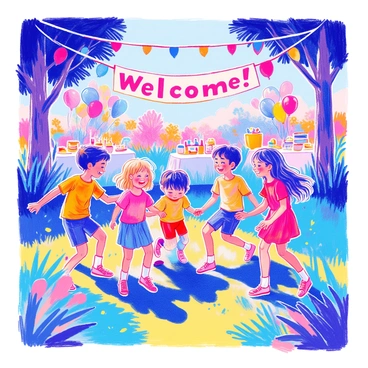 A group of children is playing together on a grassy area, happily laughing and interacting. They are surrounded by colorful decorations, including balloons in various bright colors, streamers hanging from nearby trees, and a large banner that reads "Welcome!" in playful letters. The children are wearing vibrant clothes, some in bright t-shirts and shorts, while others are in playful dresses. In the background, there are tables set up with party treats and games laid out, enhancing the festive atmosphere.