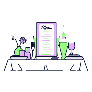 A restaurant table is set with a crisp white tablecloth and polished cutlery arranged neatly beside elegant glassware. At the center of the table, there is a menu displayed upright, featuring "dishes" described in an "elegant font." Each dish is tagged with its respective "prices" that are easily readable. Surrounding the menu, there are a few small decorative items, such as a vase with a single flower and a candle, adding a touch of sophistication to the setting. The overall arrangement suggests a refined dining atmosphere.