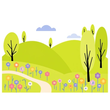 A landscape featuring bright green hills under a clear blue sky. Illustrated trees with vibrant green leaves are scattered throughout the scene, with some extending beyond the edges of the image. Colorful flowers in shades of pink, yellow, and purple are blooming throughout the landscape, adding pops of color. The foreground includes a path winding through the flowers, inviting the viewer's eye deeper into the scene.