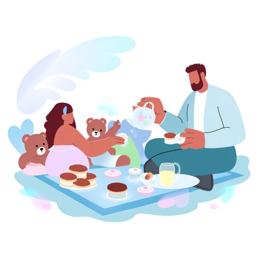 A father is sitting on a picnic blanket with his daughter, surrounded by colorful teddy bears arranged in a circle. The father is pouring tea from a floral teapot into small cups held by the teddy bears. The daughter is wearing a pastel dress and is giggling while handing a teddy bear a cookie. A table set with a variety of pastries and a pitcher of lemonade is nearby. Soft sunlight filters through the trees, creating a warm and inviting atmosphere.