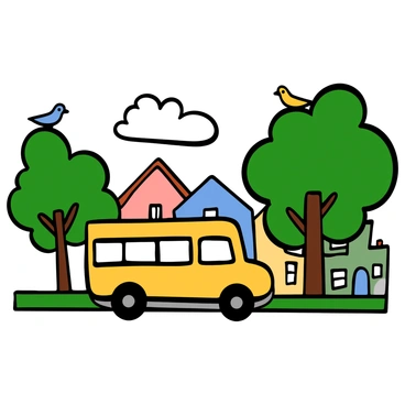 A bus with a bright yellow exterior is driving down a peaceful suburban street. The bus is surrounded by green trees lining both sides of the road, their leaves fluttering gently in the breeze. Quaint houses with well-kept lawns can be seen in the background, showcasing various shades of pastel colors. The sky is clear with a few fluffy white clouds, adding to the serene atmosphere of the neighborhood. A few birds are perched on the tree branches, completing the tranquil scene.