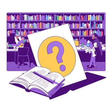 An illustrated leaflet is displayed prominently on a table in a busy library. The cover features a large "?" symbol in the center, surrounded by colorful illustrations of books and reading materials. In the background, shelves filled with various books create a vibrant scene, and several people are engaged in reading or studying nearby. Bright lighting from overhead lamps illuminates the leaflet, emphasizing its striking design amidst the bustling library atmosphere.