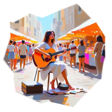 A woman with medium skin and long dark hair, dressed in a flowing bohemian-style dress, is busking with an acoustic guitar in a lively city square. She is seated on a small stool, strumming her guitar with a focused expression, while her feet tap rhythmically on the ground. Surrounding her are groups of people enjoying the atmosphere, some stopping to listen, while others pass by with smiles. Colorful market stalls can be seen in the background, adorned with bright awnings and various goods, and tall buildings frame the square, adding to the bustling urban vibe. A small case is open in front of her, with a few coins and bills scattered inside. The scene is bathed in warm sunlight, enhancing the vibrant energy of the moment.