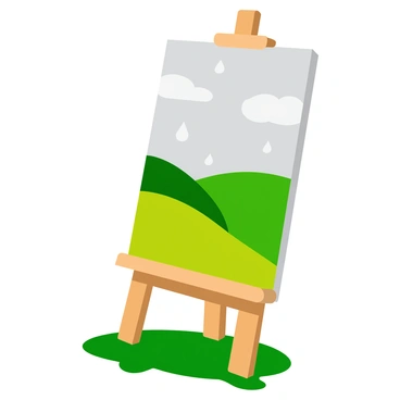 An artist's easel with a painting as raindrops create patterns on the canvas.