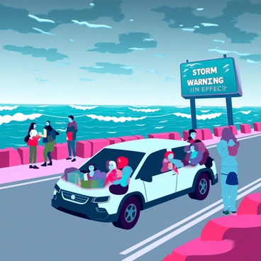 A group of families is evacuating a coastal area in response to storm surge warnings. The scene shows a diverse mix of people, including children and pets, hurriedly packing their belongings into cars. The sky above is a swirling mix of dark clouds, hinting at an impending storm. In the background, waves crash against the shoreline, with water starting to encroach on the land. Emergency services can be seen assisting families, directing traffic away from the coast. Sandbags line the streets to help prevent flooding, while a large digital screen in the distance displays the warning message: "Storm Surge Warning in Effect."