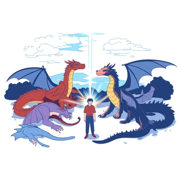A detailed illustration of a ceremonial gathering of dragons surrounding "Eragon," who is standing at the center of the scene. The dragons are depicted in various sizes, with scales that shimmer in different shades. Some dragons have elegant wings unfurled, while others are coiled in a majestic pose. Above Eragon, a luminous light is shining down upon him, symbolizing the blessing he is receiving. The background features a dramatic sky, transitioning from a light to a darker shade, enhancing the focus on the gathering. Each dragon displays intricate details in their scales and facial features, showcasing their unique characteristics.