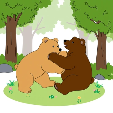 Two bear cubs, one with light brown fur and the other with darker brown fur, are playfully wrestling each other on a patch of soft green grass in a forest clearing. Surrounding them are tall trees with lush green leaves, filtering sunlight down onto the ground. The cubs have bright, curious eyes and small, rounded ears that perk up as they tumble around. One cub has its paw raised playfully, gently pushing the other cub, while the other cub appears to be mid-pounce, with its mouth slightly open in a happy expression. Scattered around the clearing are a few colorful wildflowers and small rocks, adding a vibrant touch to the scene.