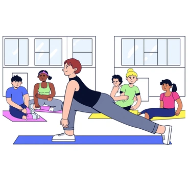 A fitness instructor is positioned in a knee plank pose, balancing on their knees and forearms with a straight back. The instructor has short brown hair and is wearing a fitted black tank top and grey leggings. In front of them, a small class of three students is observing the demonstration, each sitting on yoga mats. The students are diverse in appearance, with one wearing a blue t-shirt, another in a green sports bra, and the last in a red tank top. The studio has large windows allowing natural light to fill the room, and there are exercise equipment like dumbbells and mats neatly arranged along the walls. The atmosphere is focused and energetic, emphasizing the fitness theme.