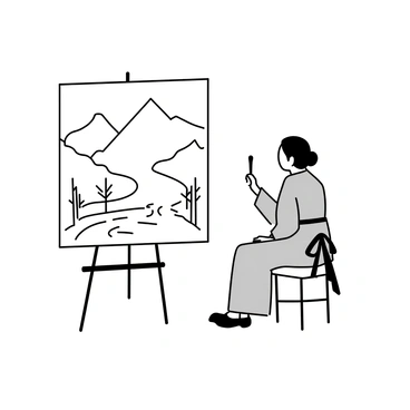 An artist sitting on a traditional wooden stool, holding a brush in one hand, is focused on a large canvas set on an easel. The artist is wearing a simple grey hanbok with a tied belt. In front of them, the canvas depicts a mountain landscape, featuring towering peaks with smooth lines that suggest their majestic height. A flowing river, with gentle curves, winds through the foreground, surrounded by stylized trees with delicate branches. The brush strokes are evident, creating texture and depth in the depiction of the mountains and water.