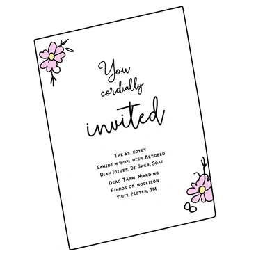 A wedding invitation card featuring a white background. The edges of the card are adorned with intricate floral designs in soft pastel colors. The text is presented in elegant calligraphy, with the words "You are cordially invited" prominently displayed at the top. Below, the details of the ceremony are neatly arranged in a refined font. The overall composition is balanced and harmonious, showcasing the beauty of the floral elements and the sophistication of the calligraphy.