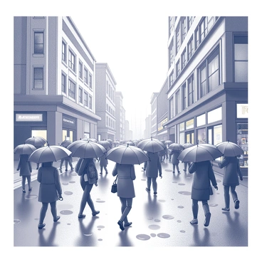 A bustling city street filled with people carrying umbrellas. The umbrellas vary in shape and size, creating an array of patterns as they cover the pedestrians. Rain falls steadily, causing puddles to form on the pavement and splashes as foot traffic maneuvers around them. The buildings lining the street feature large windows reflecting the scene outside. Some storefronts display bright signage, while others have awnings to protect passing shoppers from the rain. The atmosphere is lively with people navigating the wet conditions, some hurrying along, while others pause to take in their surroundings.