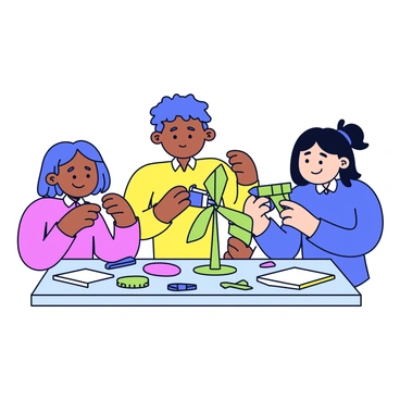 A group of three students collaborating on a science project focused on building a small model wind turbine. One student is cutting a piece of green plastic for the turbine blades, while another student is assembling the base with a glue gun. The third student is placing a small motor inside the model. They are gathered around a table cluttered with materials like scissors, glue, and colored paper. Each student is focused on their task, displaying expressions of concentration and teamwork.