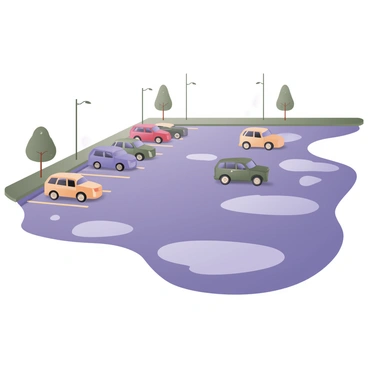 A digital flat illustration of a parking lot on a rainy day. The ground is wet with large puddles scattered throughout, reflecting the overcast gray sky above. Various parked cars in different colors are visible, some with raindrops on their windshields. A few trees line the edge of the parking lot, their leaves glistening with moisture. The overall atmosphere conveys a sense of a typical rainy day with muted colors and soft reflections in the puddles.