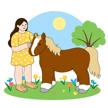 A young girl with light skin and long brown hair, wearing a bright yellow dress with a floral pattern, is gently grooming a brown pony with a white patch on its forehead. She is using a soft brush to groom the pony's mane, which is fluffy and well-kept. The pony stands calmly in a grassy area surrounded by colorful flowers. In the background, there are a few trees with lush green leaves, and the sun is shining brightly in a clear blue sky. The scene conveys a sense of warmth and care, with the girl smiling as she attends to her pony.