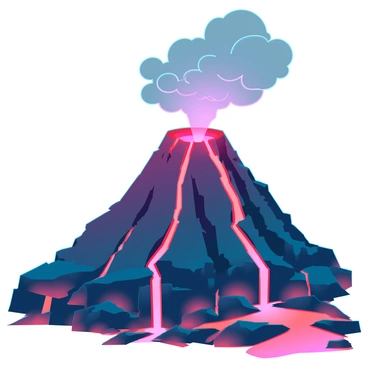 A large volcano with a jagged peak is erupting dramatically, spewing bright orange and red lava that flows down its rough, rocky sides. The lava is contrasted by dark volcanic rock, creating a striking visual. Thick, gray ash clouds billow ominously into the sky, partially obscuring the sun and casting shadows over the surrounding landscape. The area around the volcano is rugged, with patches of charred earth and scattered rocks reflecting the recent eruption.