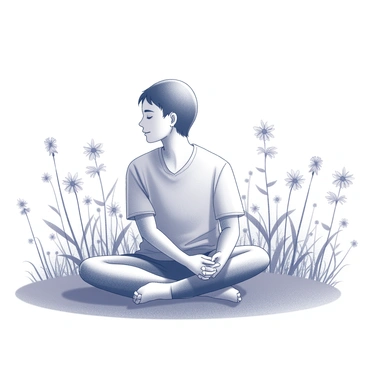 A person is sitting cross-legged on the ground in a field of wildflowers. The individual has their eyes closed, embodying a state of deep concentration and peace. The wildflowers surrounding them are varied in size and shape, creating a natural tapestry of delicate petals. The flowers sway gently in a breeze, and a few have tall stems that rise prominently around the person. The light filtering through the wildflowers casts soft shadows on the ground, enhancing the tranquil atmosphere of the scene.