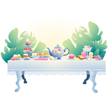 A charming afternoon tea party is taking place in the gardens of Bangalore Palace. The scene features an ornate table covered with a white lace tablecloth. On the table, there is an assortment of elegant china teacups and saucers adorned with floral patterns. Various pastries, including tiered stands of colorful macarons, delicate finger sandwiches, and intricately decorated cupcakes, are arranged artfully across the table. Surrounding the table are lush green plants and trees, creating a natural backdrop. Soft sunlight filters through the leaves, illuminating the scene with a gentle glow. A vintage teapot with a floral design sits at the center of the table, ready to serve.