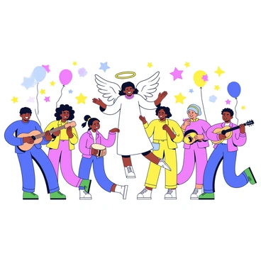 An angel with white wings and a golden halo is joyfully joining a diverse group of neighbors in a festive celebration. The angel is wearing a flowing white robe. The neighbors are dressed in colorful outfits, dancing and laughing together. There are balloons and streamers decorating the scene. A small music band with instruments like a guitar and drums is playing upbeat tunes. The atmosphere is filled with happiness as everyone enjoys the moment.