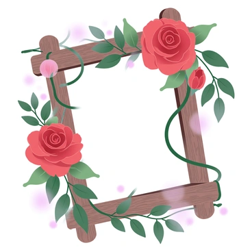 A rustic wooden trellis is covered with vibrant "red roses" in full bloom, their petals unfurling beautifully. The trellis is weathered, showcasing a rich texture of aged wood. Long green leaves entwine around the trellis, adding a lush touch to the scene. Soft light filters through the flowers, casting gentle shadows on the trellis. A few rose buds are visible, hinting at the promise of more blooms to come. The overall composition exudes a sense of romance and natural beauty.