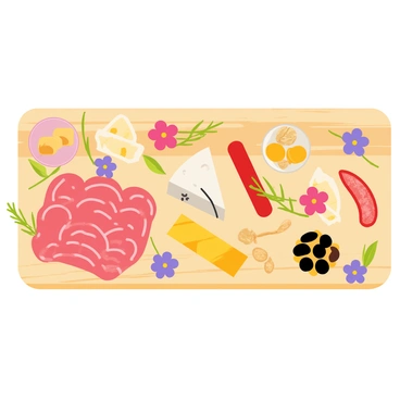 A charcuterie board with a wooden surface featuring a variety of cured meats arranged in an elegant manner. There are slices of prosciutto, salami, and chorizo placed artfully alongside a selection of cheeses, including a wedge of brie and cubes of cheddar. The board is embellished with vibrant edible flowers in shades of purple, yellow, and pink scattered throughout. Small bowls of olives, nuts, and honey are positioned on the board, adding color and texture. Fresh herbs, such as rosemary and thyme, are used as delicate garnishes, enhancing the overall presentation of the board.