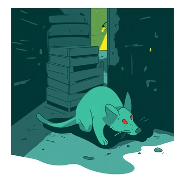 A teal skaven with sleek fur is sneaking through the shadows of a narrow alley, its body low to the ground. The skaven's glowing red eyes are peeking out from behind a stack of wooden crates, casting an eerie glow in the dimly lit space. The alley walls are covered in dark stones, and there are patches of yellow light filtering in from a distant streetlamp. The skaven's long tail is curled behind it as it moves quietly, blending into the darkness.