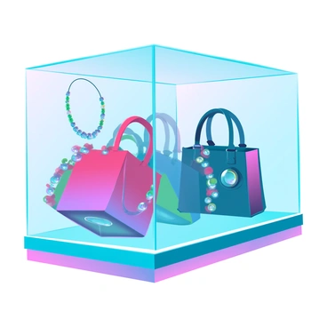 A virtual display case with a sleek, modern design, featuring a transparent glass front and illuminated edges. Inside the case, several 3D accessories are rotating gracefully, showcasing their intricate details. There are stylish handbags made of vibrant materials, each with unique textures and patterns. Elegant necklaces and bracelets with shimmering gemstones are also on display, catching the light as they turn. The background features a subtle gradient, enhancing the focus on the accessories while adding depth to the overall presentation.