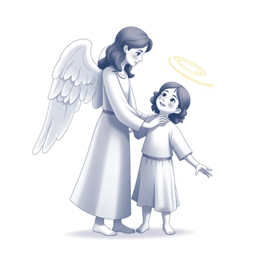 An angel with delicate features and flowing robes stands beside a child. The angel's wings are gracefully spread out behind them, exhibiting intricate feather details. The angel’s hand is gently placed on the child's shoulder, providing a sense of comfort. The child looks up, with wide, trusting eyes, displaying a sense of peace and safety. The surrounding atmosphere conveys a feeling of calm and warmth as the moment captures the silent blessing being shared.