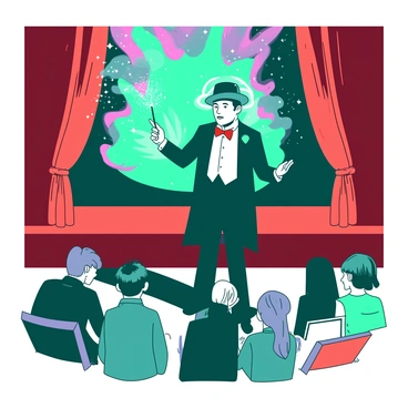 A teal magician is standing confidently on a large stage, dressed in a classic black suit with a white shirt and a bright red bow tie. He is holding a sparkling wand in his right hand, while his left hand gestures dramatically, casting an illusion. Behind him, colorful smoke is swirling in the air, creating a mystical atmosphere. In front of the stage, a captivated audience, with a mix of adults and children, watches in awe. Some audience members are leaning forward in their seats, while others have their mouths open in surprise. The stage is decorated with bright red curtains and dazzling lights that illuminate the magician's performance.