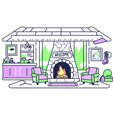 A rustic ski lodge hotel interior with wooden beams across the ceiling. In the center, there is a large, roaring fireplace made of stone, with flames dancing and casting a warm glow. There are several comfortable chairs arranged around the fireplace, each with plaid upholstery. To the side, there is a large wooden counter with a decorative wooden sign that reads "WELCOME". On the walls, there are vintage ski gear and photographs of snowy landscapes. Large windows showcase a view of snow-covered trees outside, allowing natural light to fill the space.