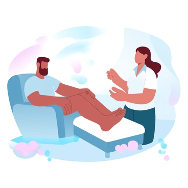 A person is sitting comfortably in a plush chair with their feet resting on a cushioned footrest. A professional masseuse is gently applying massage oil to the person's feet, using rhythmic motions to knead the soles. The room is softly lit with warm, gradient pastel colors creating a calming atmosphere. There are aromatic candles placed around, and a small bowl of smooth stones is nearby. A tranquil background includes a light curtain swaying slightly in a gentle breeze.
