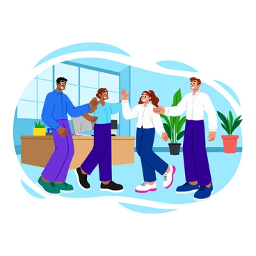 A group of four colleagues standing in a bright and open office space, smiling widely as they high-five each other. Two of the colleagues are wearing blue shirts, while the other two wear white shirts. The office features large windows with natural light pouring in and potted plants in the background. A desk with a computer and stationery can be seen in the corner, adding to the lively atmosphere. Each colleague has an excited expression, emphasizing their teamwork and camaraderie.