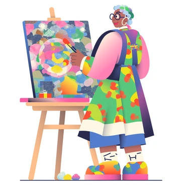 Iris Apfel is standing in front of a large easel, painting a vibrant canvas filled with an array of colors and patterns. She has her distinctive round glasses perched on her nose and is wearing a bold, multi-colored outfit adorned with layers of accessories. The background features an eclectic mix of fabrics and textures reminiscent of her fashion travels. In her right hand, she holds a large brush dipped in bright hues, while her left hand gestures expressively as she contemplates her work. Splashes of paint and colorful palettes are scattered around her on a wooden table.