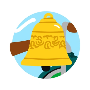 An ornate vintage bicycle bell with intricate engravings is centered in the image. The bell features elaborate floral patterns and delicate swirls across its surface. The metal has a shiny brass finish that reflects light, creating highlights and shadows. The bell is mounted on a classic bicycle handlebar, which is made of dark wood. A softly blurred background includes hints of greenery and other bicycle components, emphasizing the bell's detailed craftsmanship. The overall composition draws the viewer's attention to the bell's intricacies.